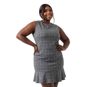LOFT Plus Gray Windowpane Plaid Sleeveless‎ Sheath Dress Size 22 Tiered Hem